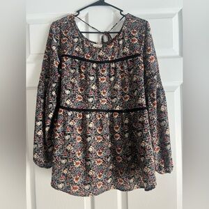 Knox Rose Blue & Black Floral Boho Peasant Tassel Long Sleeve Top Large